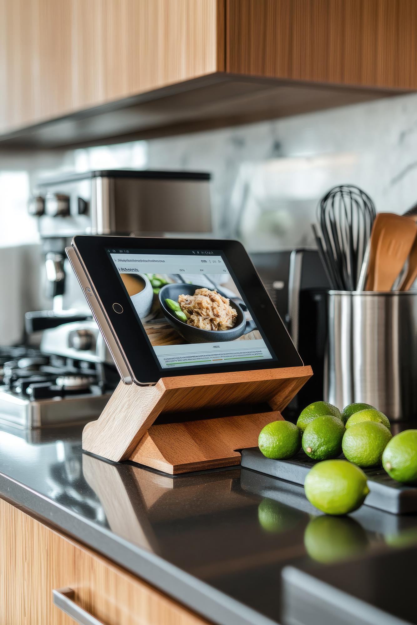Kitchen workstation with smart devices and plated dish